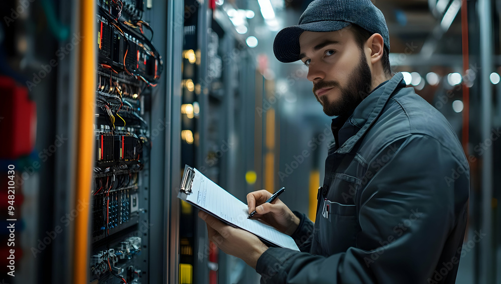 Poster a technician inspects server racks, documenting data and ensuring optimal performance in a data cent