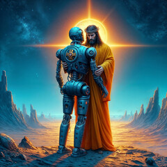 Fototapeta premium jesus and robot hugs
