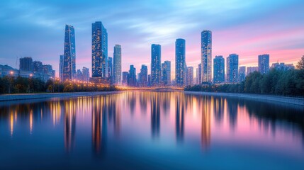 Fototapeta premium Stunning cityscape at twilight featuring modern skyscrapers reflecting on a calm river, with a colorful sky transitioning from day to night.