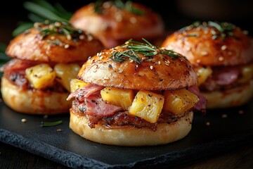 Hawaiian Roll Ham Sliders with Cheese and Pineapple on Slate Board: A Delicious Closeup Shot