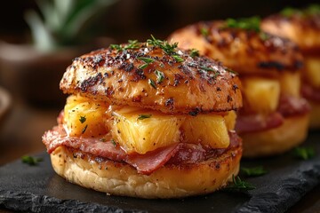 Hawaiian Roll Ham Sliders with Cheese and Pineapple on Slate Board: A Delicious Closeup Shot