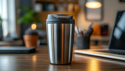 Stylish stainless steel coffee cup placed on a wooden desk in a cozy office setup, ideal for modern workspaces.