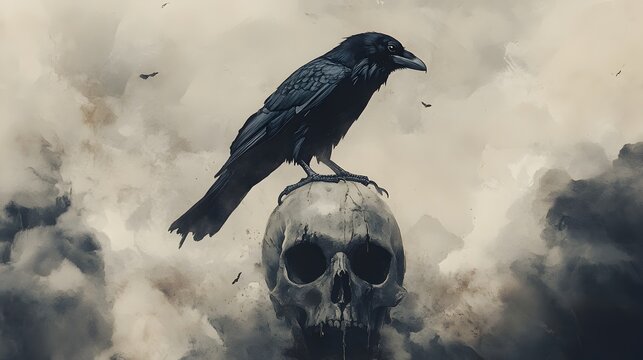 Ominous Raven Perched on Skull with Dramatic Cloudy Backdrop in Watercolor Style