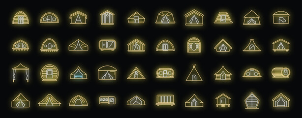 Glowing neon icons representing various camping tents and shelters, ideal for illustrating outdoor adventures, travel brochures, or camping related websites © anatolir