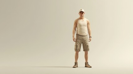 The man with a relaxed posture showcases casual attire, exuding confidence in a light-filled, simple space