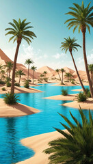 Fototapeta premium desert oasis with palm trees and crystal water background art design backdrop
