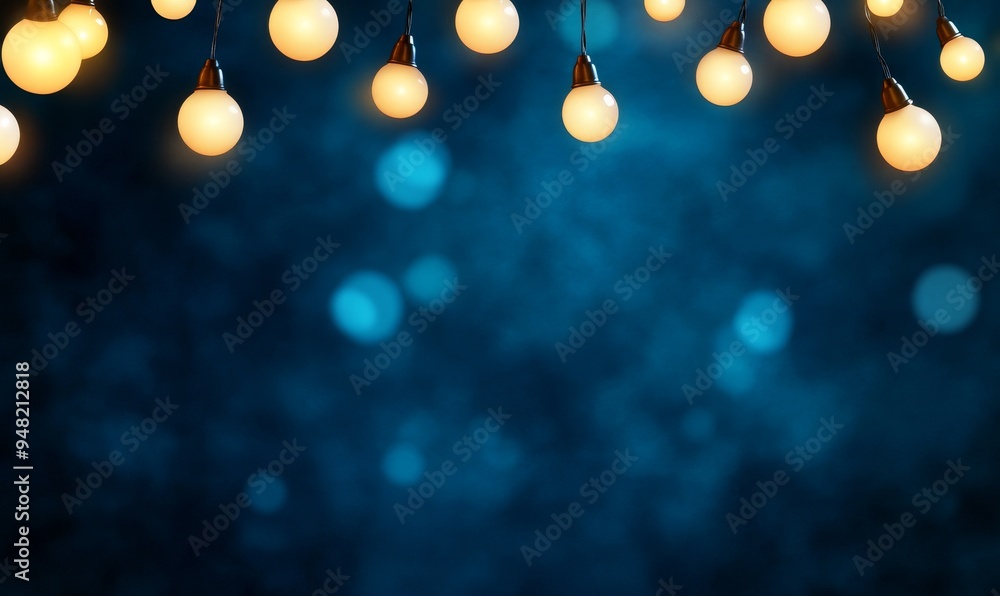 Poster abstract blue background with string of warm white lights bokeh and blur for presentation, design, w