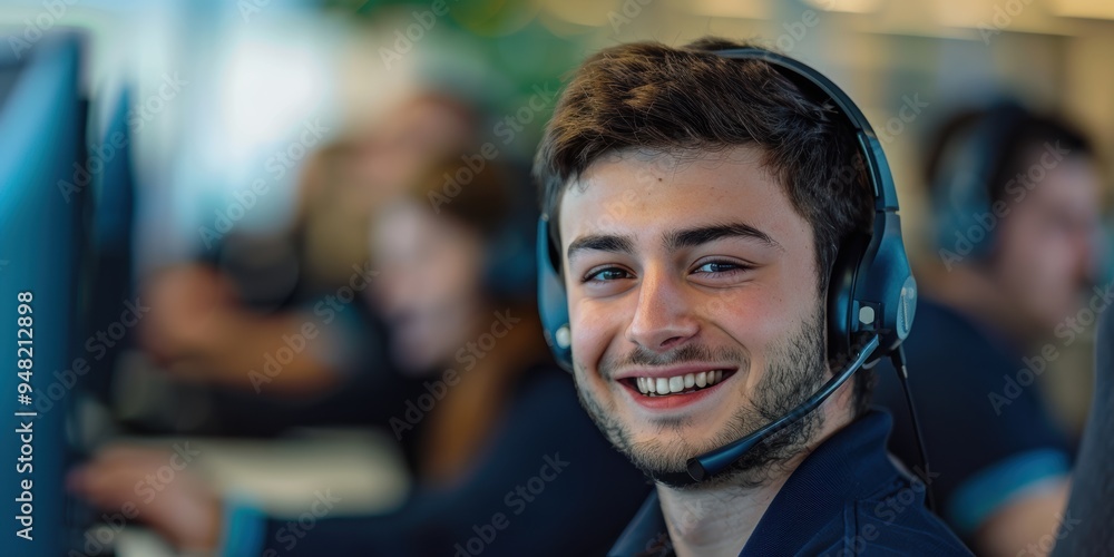 Poster customer support mockup featuring a cheerful agent engaging in online communication and assisting cl