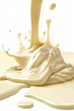 Creamy liquid splashes on a shiny surface creating dynamic shapes in a bright, well-lit setting
