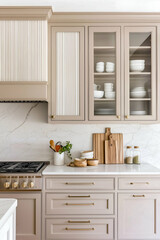 Fototapeta premium Elegant Kitchen Cabinetry with Glass Doors and Marble Countertops