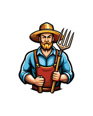 A realistic vector illustration of a farmer wearing a straw hat and holding a pitchfork.