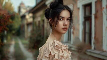 Naklejka premium A woman with a composed expression stands outside a rustic old building, wearing a vintage dress. The setting includes greenery and evokes a timeless, nostalgic feel.