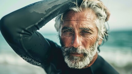 Senior man enjoying beach surfing while stretching for fitness and wellness during a summer retirement getaway, embracing freedom and ocean activities
