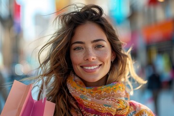 Woman browsing for discounts while carrying shopping bags in an outdoor retail setting, showcasing consumerism and the excitement of finding sales