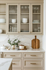 Elegant Kitchen Cabinetry with Glass Doors and Marble Countertops