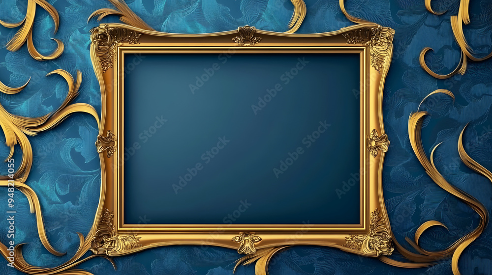 Poster gold frame on a blue background with scroll generative ai