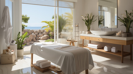 Design of a spa resort. Luxury massage room with big table, towels and different decorations