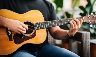 Obraz premium close-up of man's hands playing acoustic guitar, focus on finger placement, relaxed atmosphere, music instrument, hobby, lifestyle, passion.