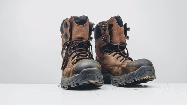 Pair of brown leather work boots covered in dirt standing on white background