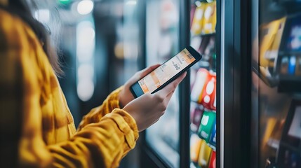 Person Using Digital Wallet at Vending Machine Representing Cashless Convenience of Modern Finance