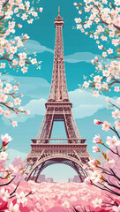 paris eiffel tower surrounded by spring blossoms background art design backdrop