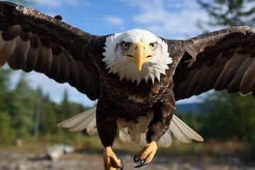 Obraz premium Vertical capture of the bald eagle as it flying in the sky, generative IA
