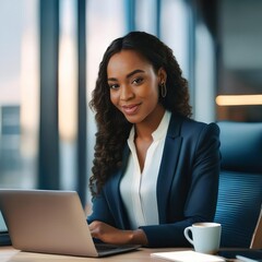happy black woman working, sitting in a comfortable chair, with laptops on the table and iPad on her side and dressed in business