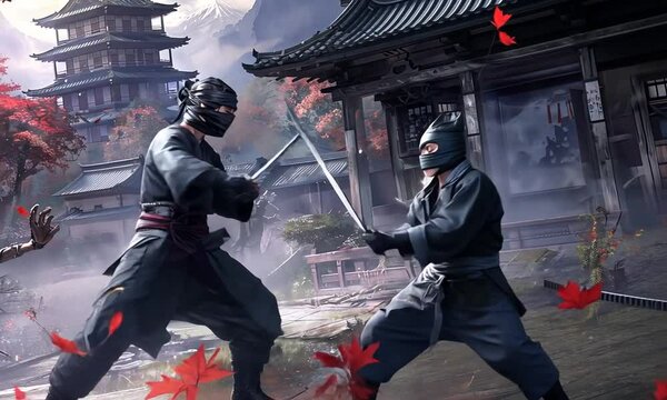 Two samurai warriors in an intense duel in a traditional Japanese village. Sword fight, martial arts, historic setting, traditional clothing, focus, confrontation, ancient rivalry. Generative by AI