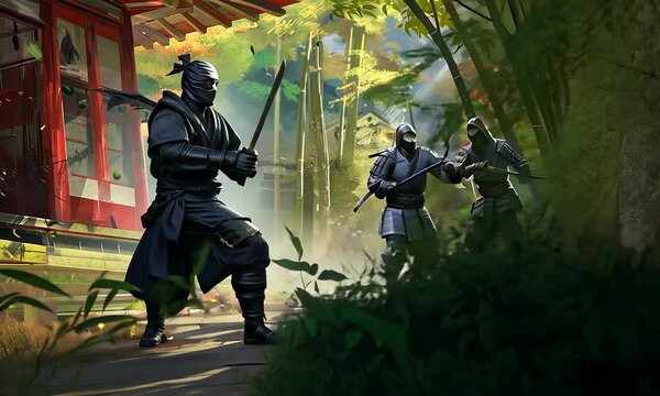 Group of ninjas in combat near a traditional Japanese building surrounded by bamboo. Intense fight, stealth, teamwork, ancient architecture, martial arts, strategic positioning. Generative by AI