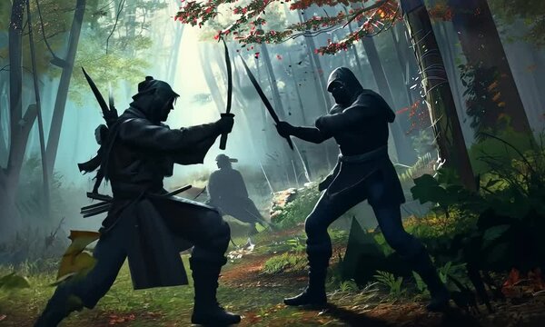 Three ninjas engaged in a tense sword fight in a dense forest. Battle, stealth, combat skills, traditional clothing, strategic positioning, martial arts, confrontation. Generative by AI
