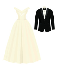 Wedding  clothes of the bride and groom. Vector illustration of Black groom suits and white bridal gown