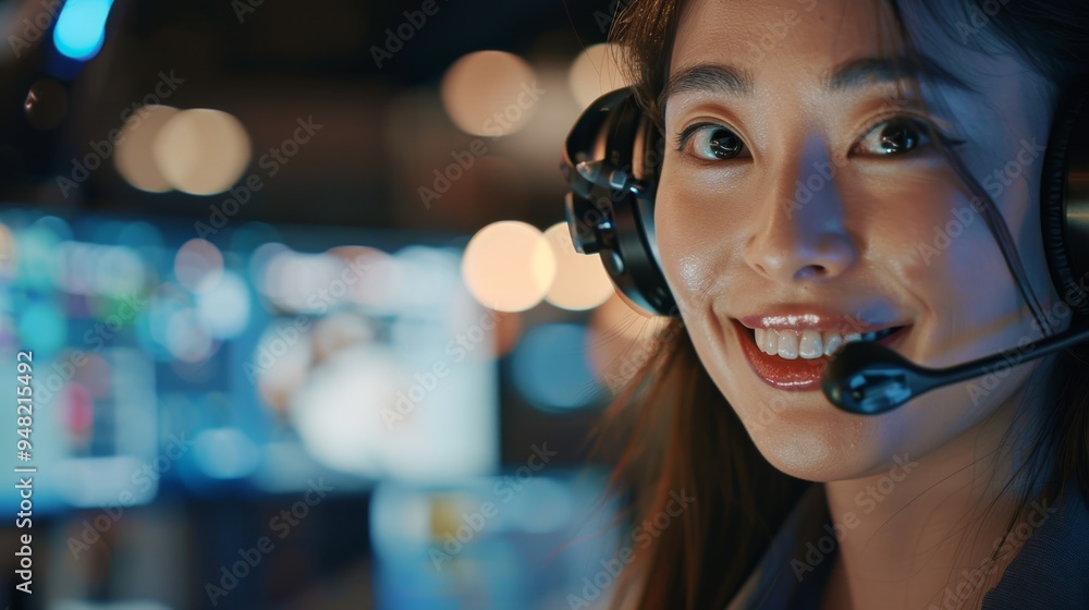 Poster smiling female customer support agent in an office, engaging in conversation with a client while usi