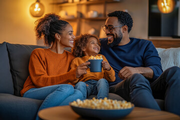 Family enjoying a cozy movie night at home with popcorn and laughter in the living room