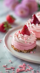 The image features scrumptious strawberry cream pastries topped with pink frosting and garnished with fresh strawberries, set on a white plate with decorative elements in the background.