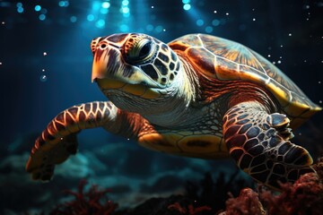 Fototapeta premium Close of a green marine turtle swimming underwater under the lights, generative IA