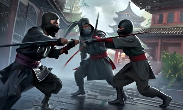Three ninjas wielding swords in an ancient city. Combat, martial arts, action, teamwork, traditional clothing, swords, historic setting, battle, warriors, confrontation, swordsmen Generative by AI