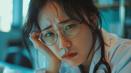 Female professional experiencing headache, stress, or burnout in workplace related to mental health issues. Overworked healthcare worker feeling frustrated and mentally drained