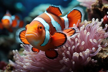 Clownfish ctenochaetus tominiensis and Blue Malawi Cycles swimming near the Dunc, generative IA