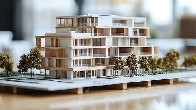 A detailed architectural model of a modern apartment building displayed on a table, showcasing sleek design.