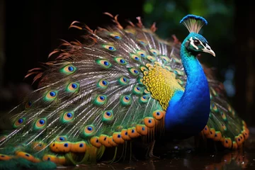 Velours gordijnen Majestic dances of peacock with vibrant multicolored penalties generated by, generative IA © JONATAS