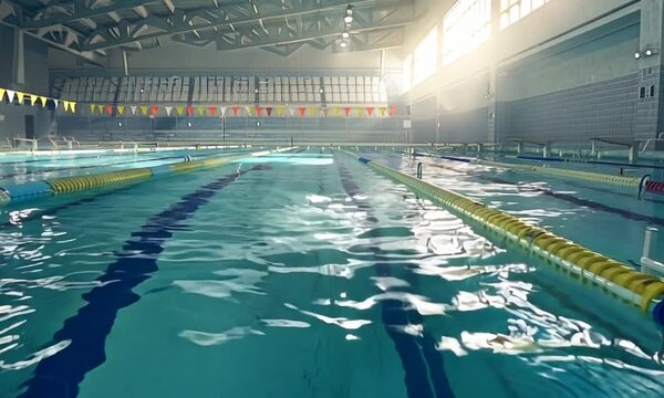 Empty indoor swimming pool with lanes and bright sunlight streaming through large windows. Serene and clean environment with reflections on the water surface. Generative by AI