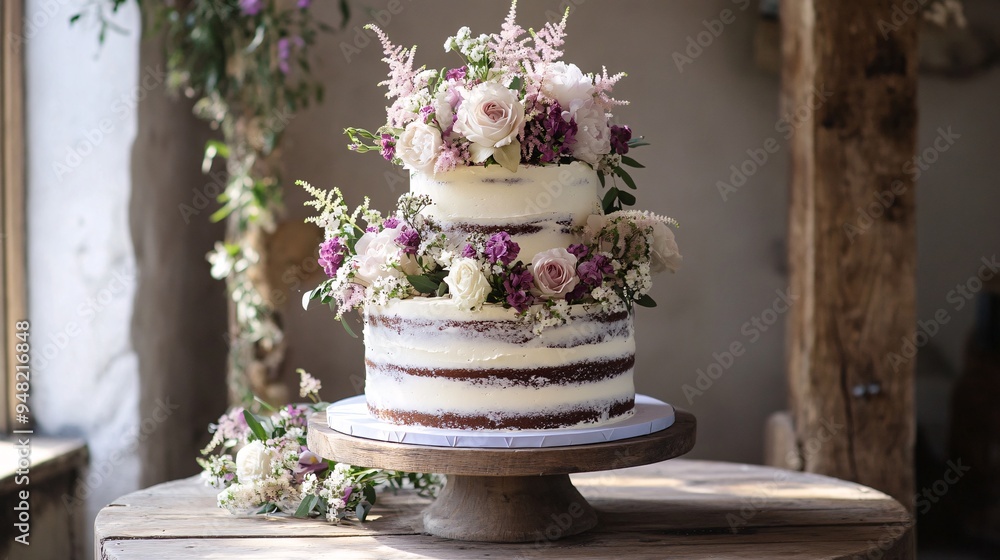 Wall mural Semi-naked wedding cake with a rustic finish and fresh flowers