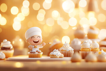 A cheerful cartoon baker decorating delicious cupcakes with creamy frosting in a warm, golden setting, perfect for dessert-themed projects.