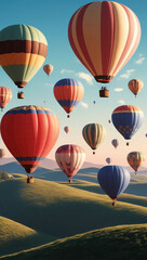 Obraz premium colorful hot air balloons floating over hills background art design backdrop