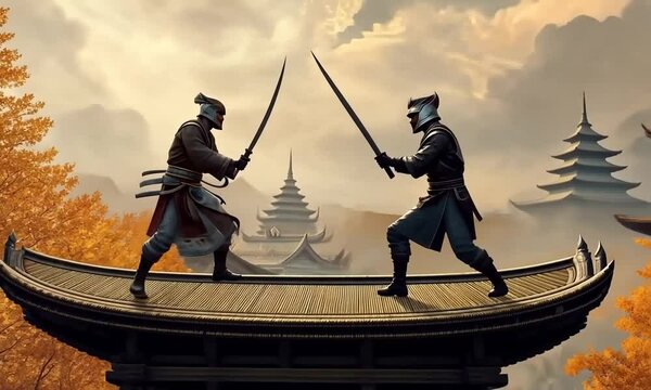 Intense sword fight between two ninjas on a rooftop traditional Japanese architecture. High stakes, action, agility, martial arts, historic setting, dramatic battle, ancient rivalry. Generative by AI