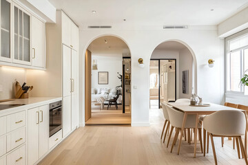 Fototapeta premium Elegant Dining Room with Archway and Soft Neutral Interior Design