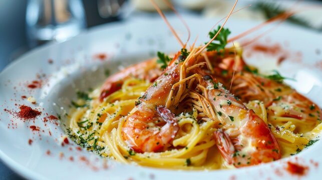 A tantalizing plate of pasta topped with large, succulent shrimp, garnished with herbs and spices, capturing the essence of gourmet seafood cuisine served elegantly.