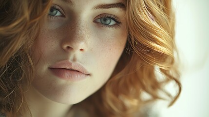 Naklejka premium A close-up portrait of a young woman with red hair and freckles, her gaze warm and inviting.