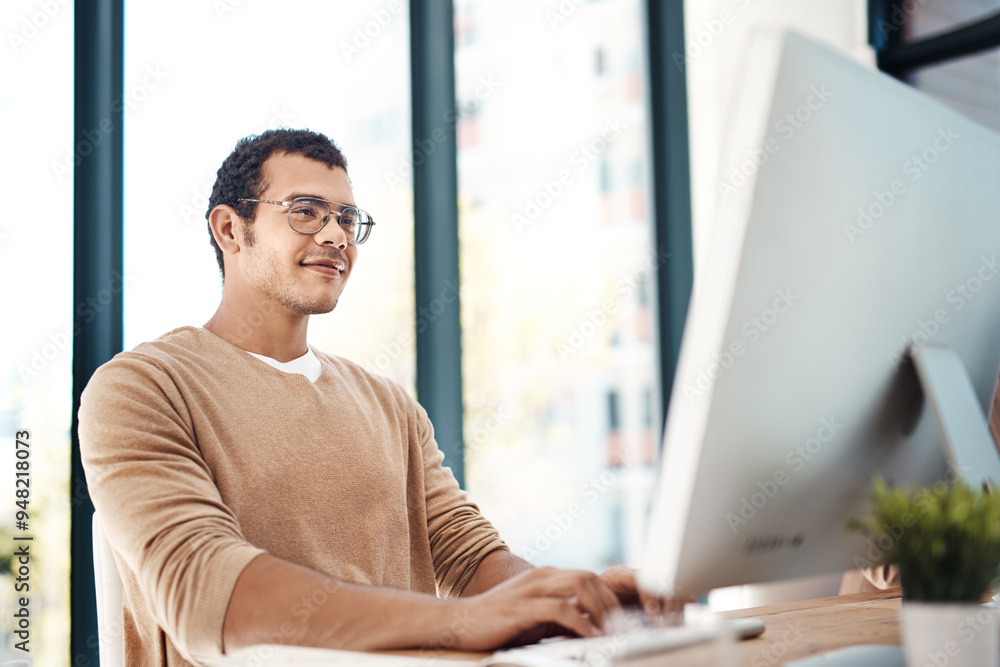 Poster business man, computer and typing for research, administration and company report with glasses. grap