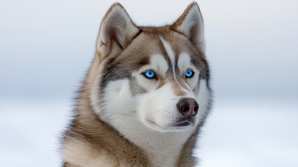 Naklejka premium A majestic husky with striking blue eyes, set against a soft, snowy background, showcasing its beauty and strength.